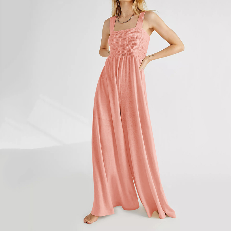 Women Clothes Manufacturer Factory Supplier Pink Shirred Bodice Romper Summer Beach Wear